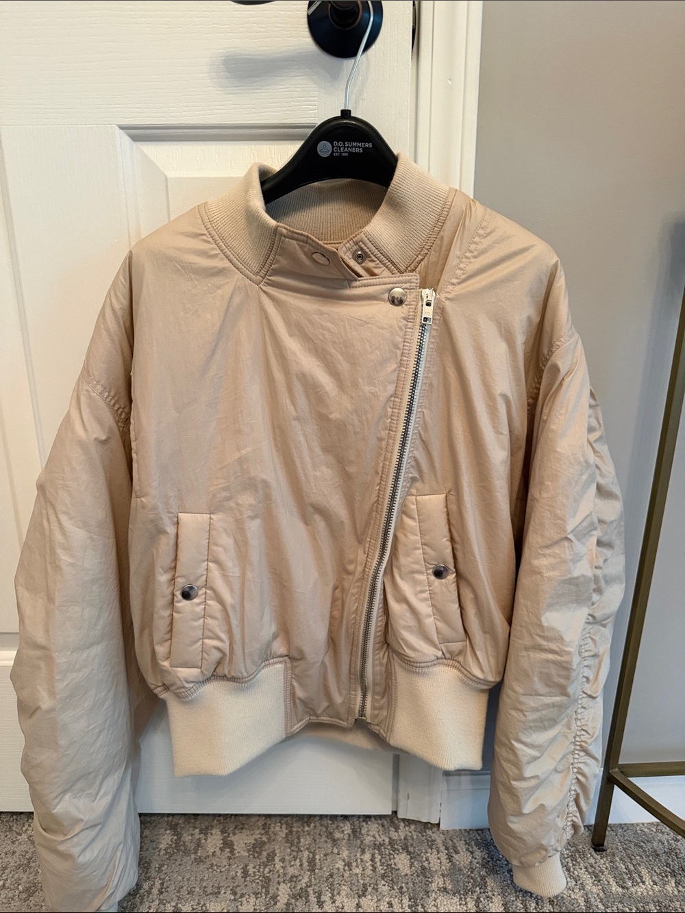 Beige Cropped Bomber Jacket